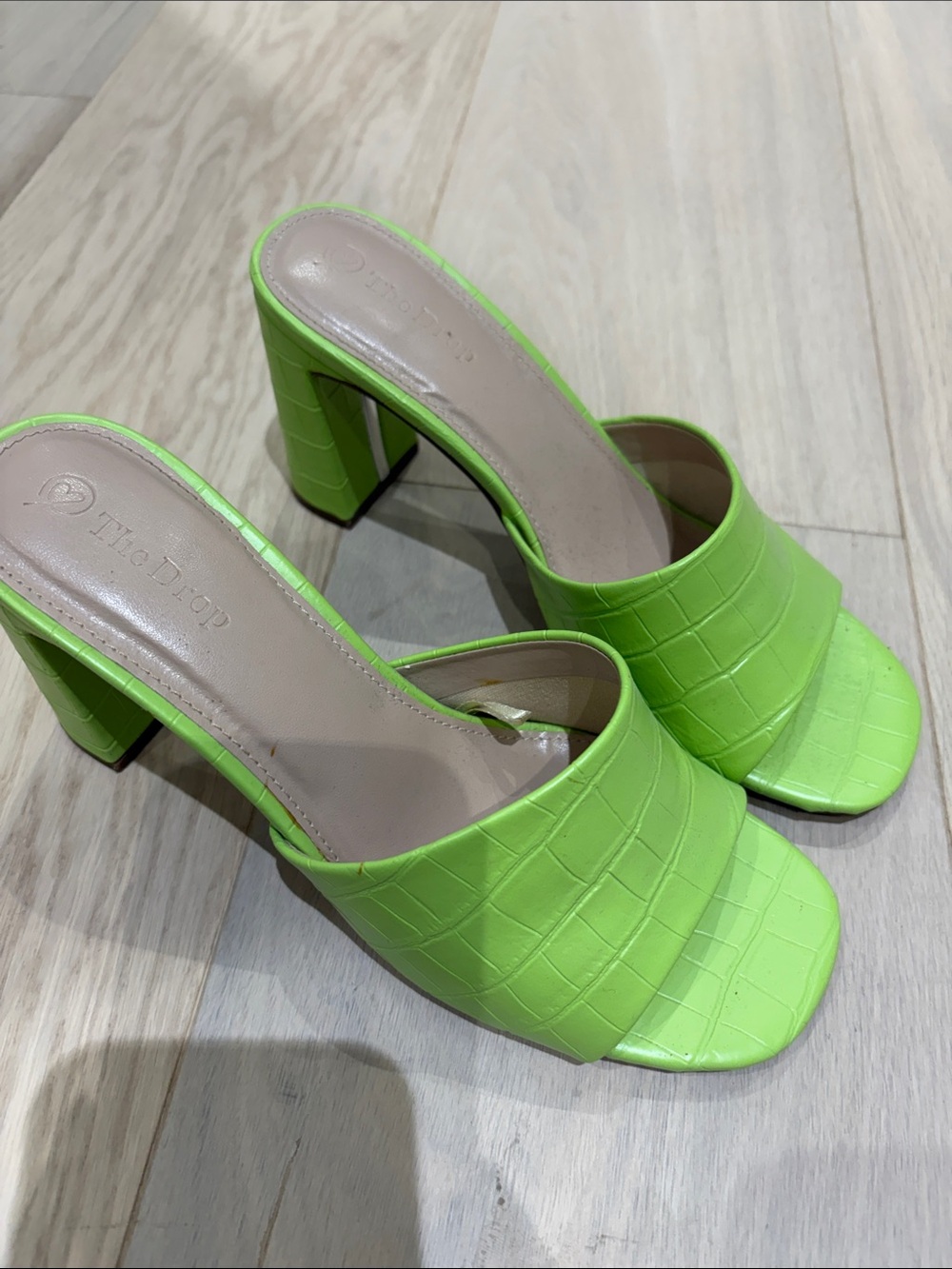 The Drop Lime Green Croc-Embossed Block Heel Mules